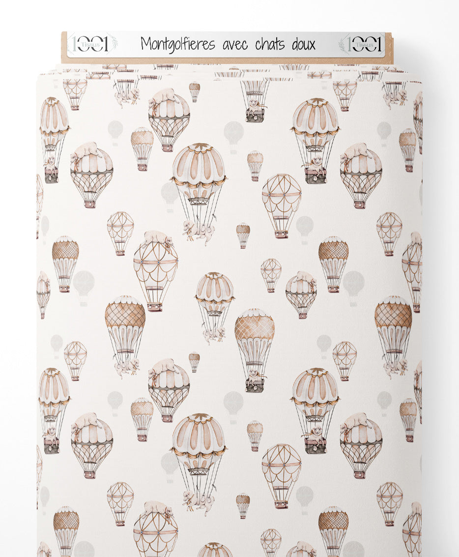 Tissu - Montgolfières avec chats doux