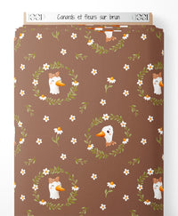 Tissu - Canards et fleurs sur brun