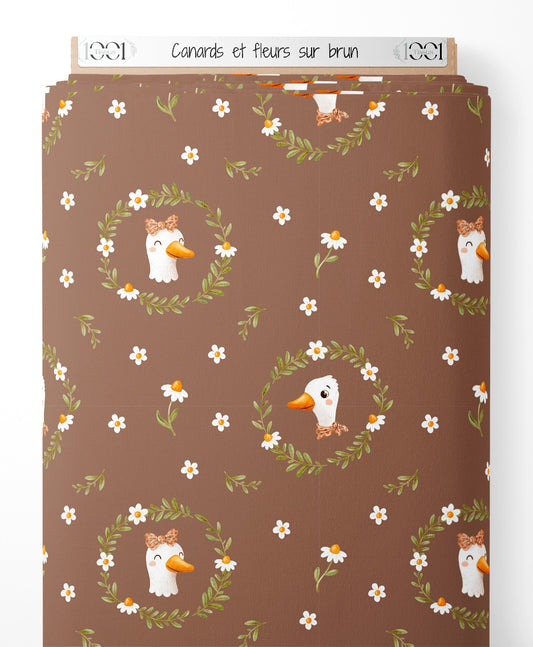 Tissu - Canards et fleurs sur brun