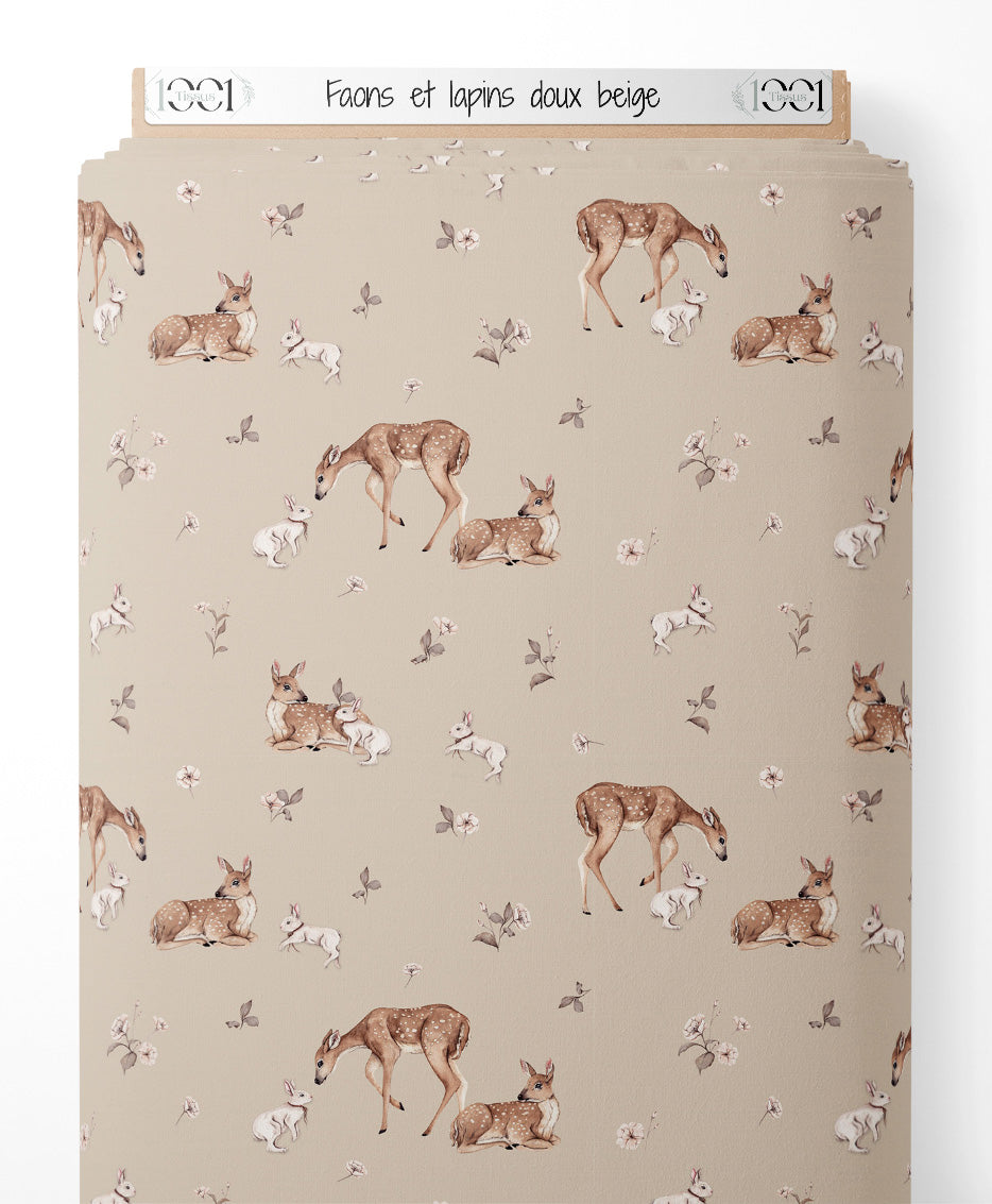 Tissu - Faons et lapins doux beige