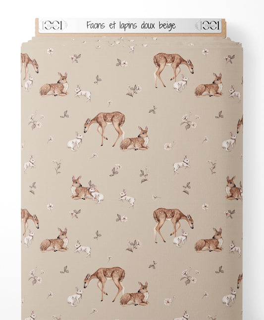 Tissu - Faons et lapins doux beige