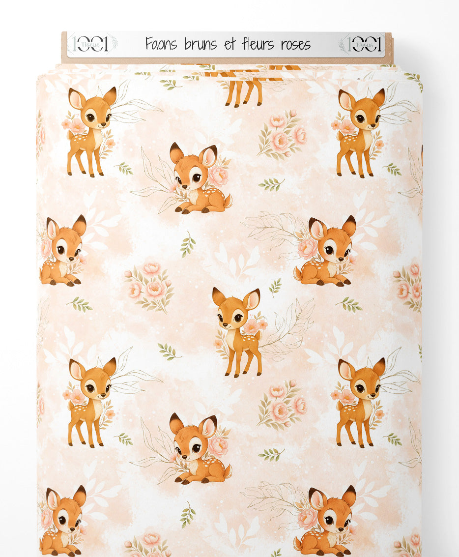 Tissu - Faons bruns et fleurs roses