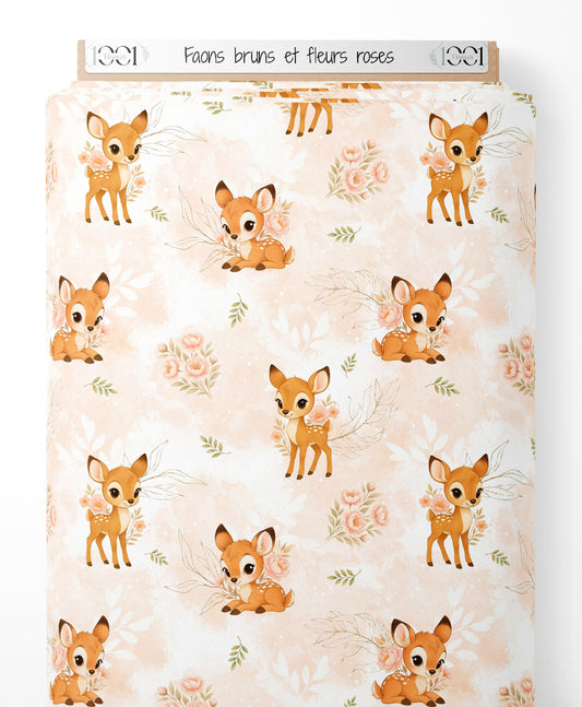 Tissu - Faons bruns et fleurs roses