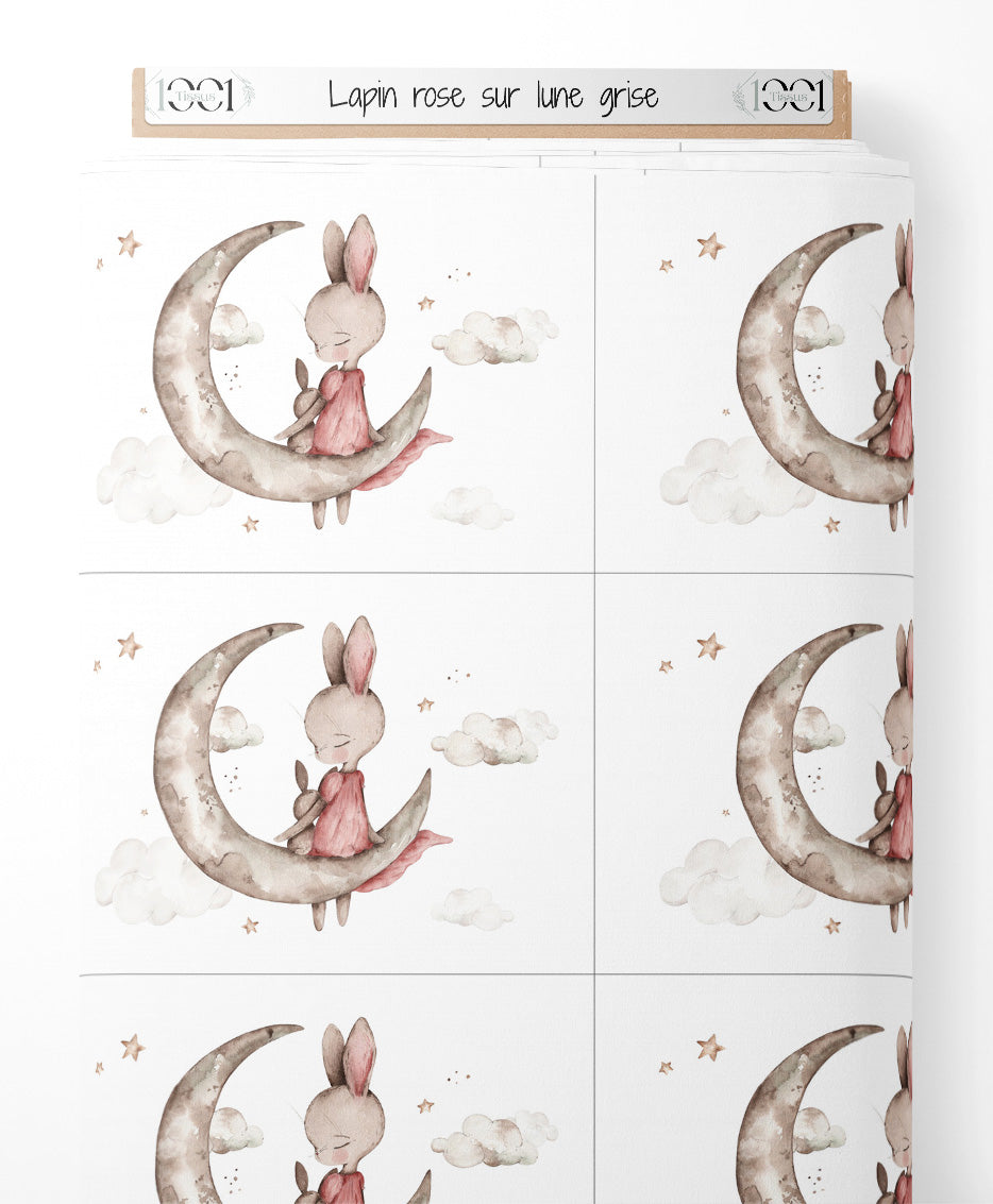 Tissu - Lapin rose sur lune grise