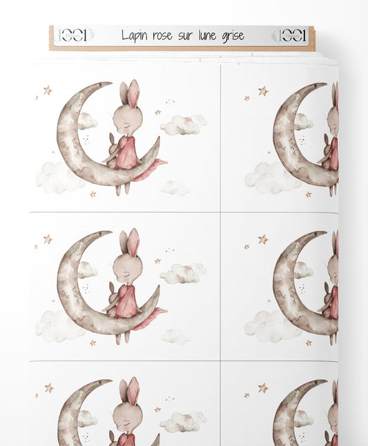Tissu - Lapin rose sur lune grise