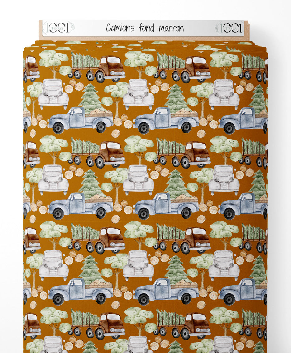 Tissu - Camions sur fond marron