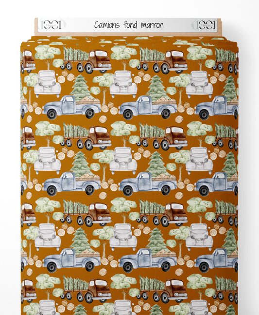Tissu - Camions sur fond marron