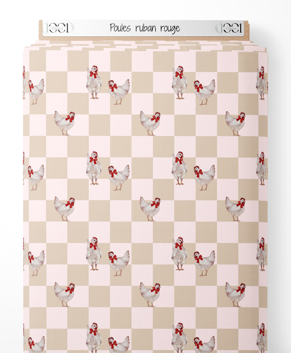 Tissu - Poules ruban rouge