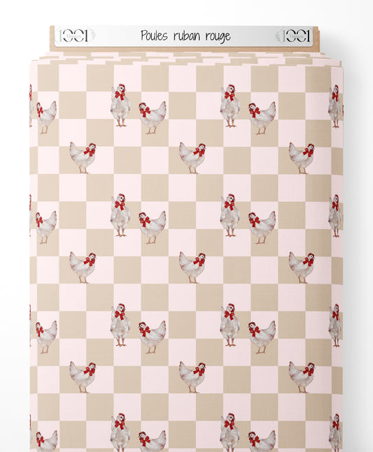 Tissu - Poules ruban rouge