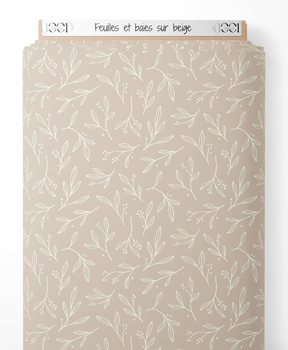 Tissu - Feuilles et baies sur beige