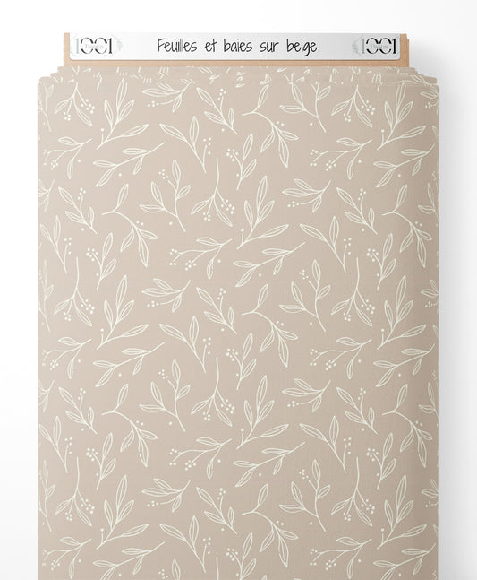 Tissu - Feuilles et baies sur beige