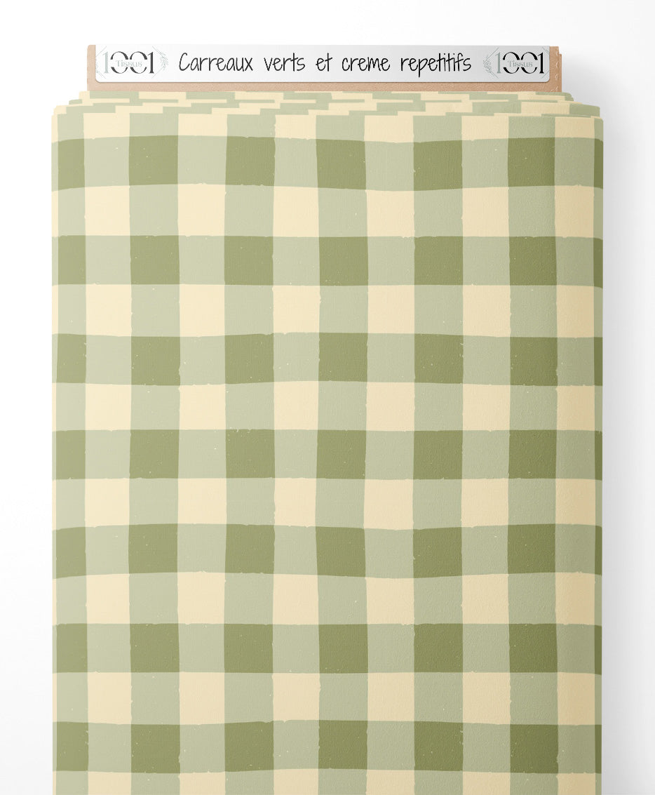 Tissu - Carreaux verts et crème répétitifs