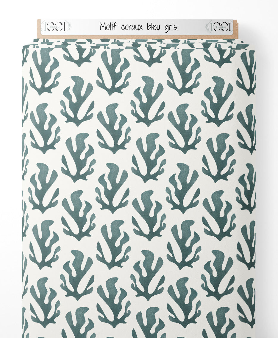 Tissu - Motif coraux bleu-gris