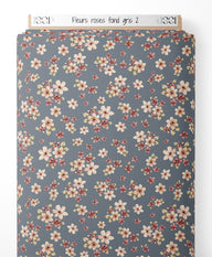 Tissu - Fleurs roses sur fond gris 2