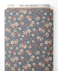 Tissu - Fleurs roses sur fond gris 2