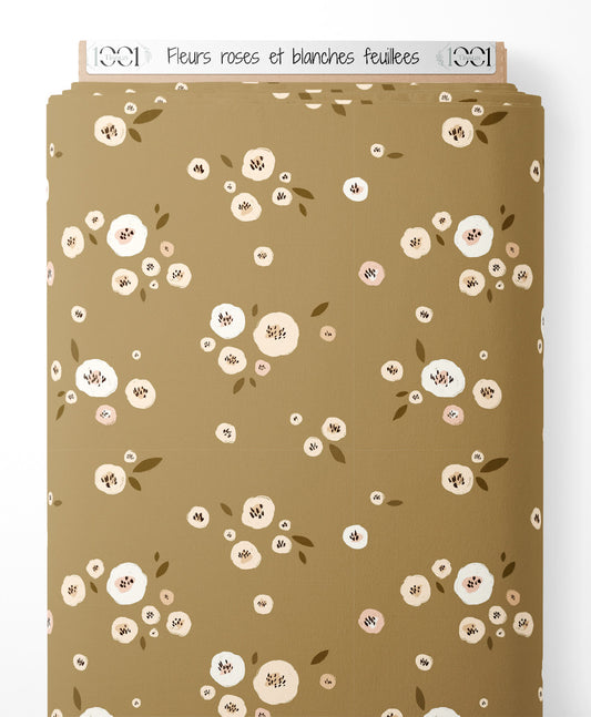 Tissu - Fleurs roses et blanches feuillées
