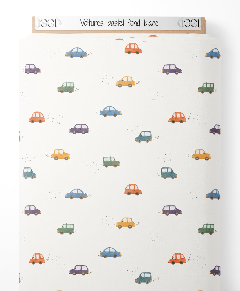Tissu - Voitures pastel sur fond blanc