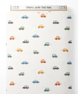 Tissu - Voitures pastel sur fond blanc