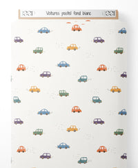 Tissu - Voitures pastel sur fond blanc