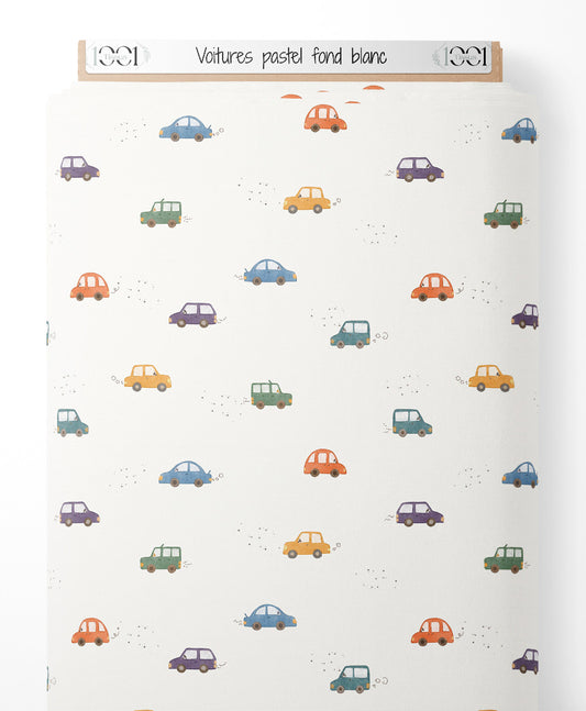 Tissu - Voitures pastel sur fond blanc