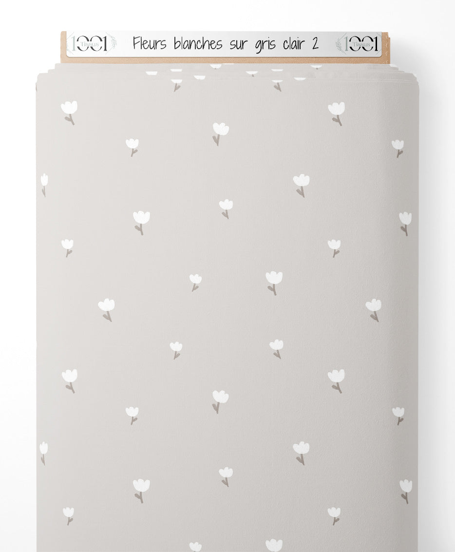 Tissu - Fleurs blanches sur gris clair 2