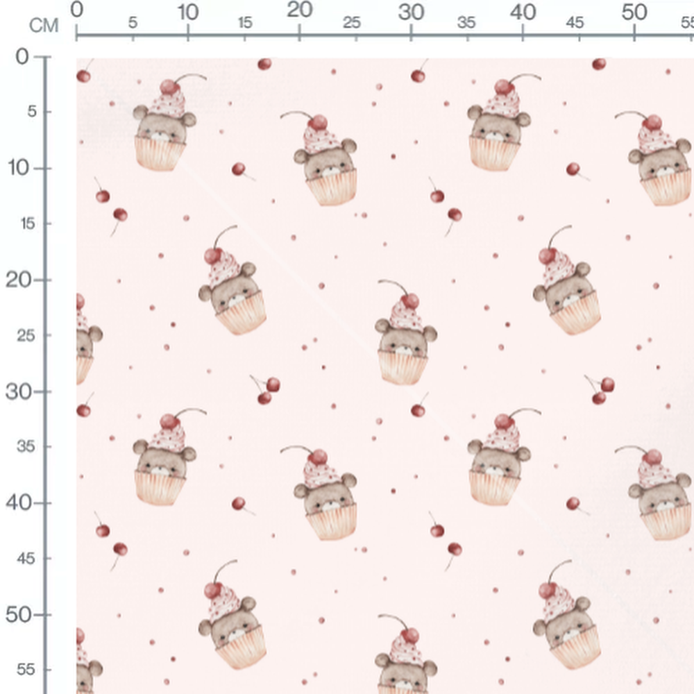Tissu - Ours et cerises sur rose
