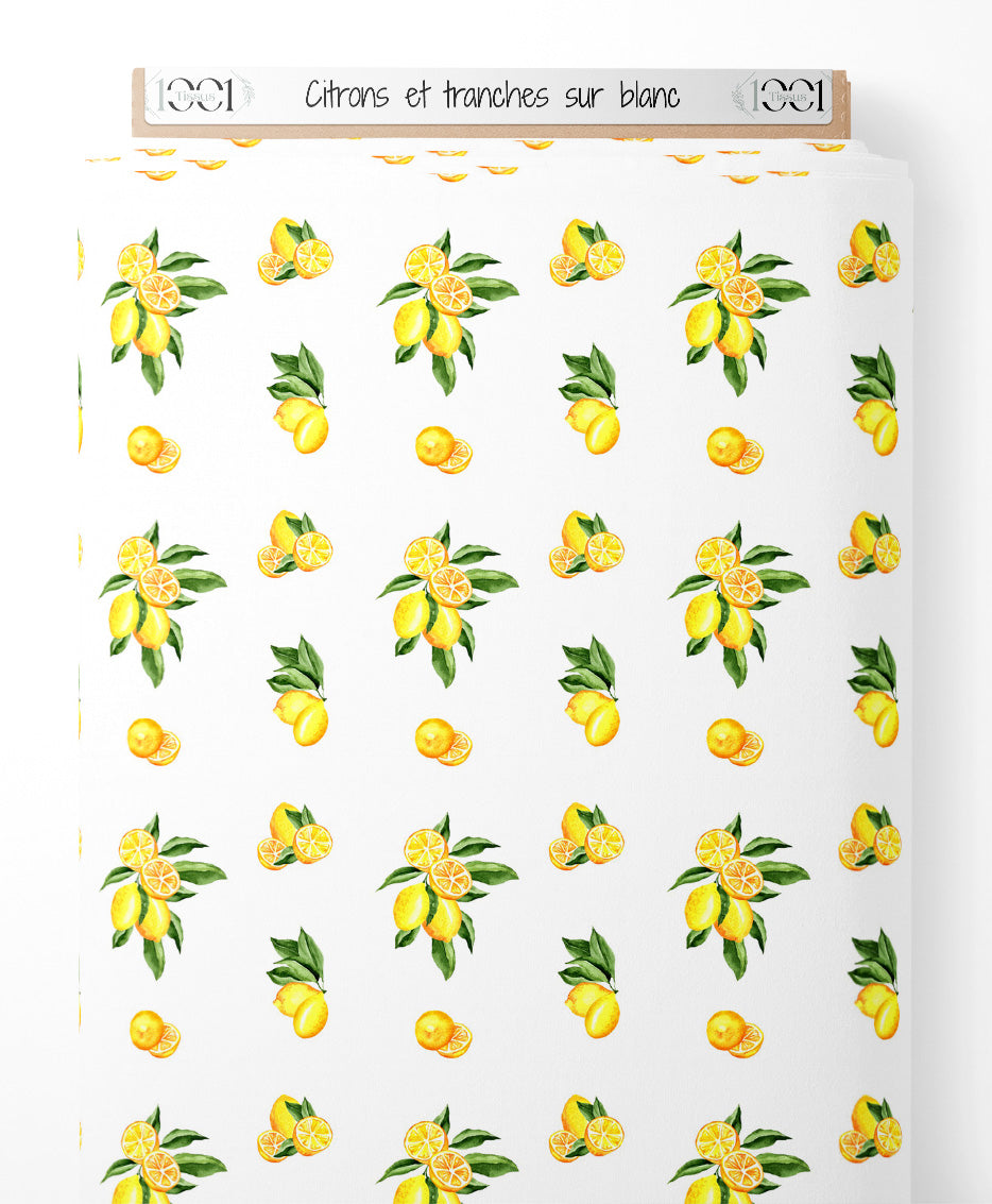 Tissu - Citrons et tranches sur blanc