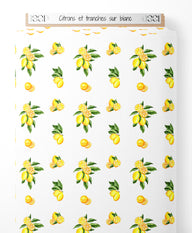 Tissu - Citrons et tranches sur blanc