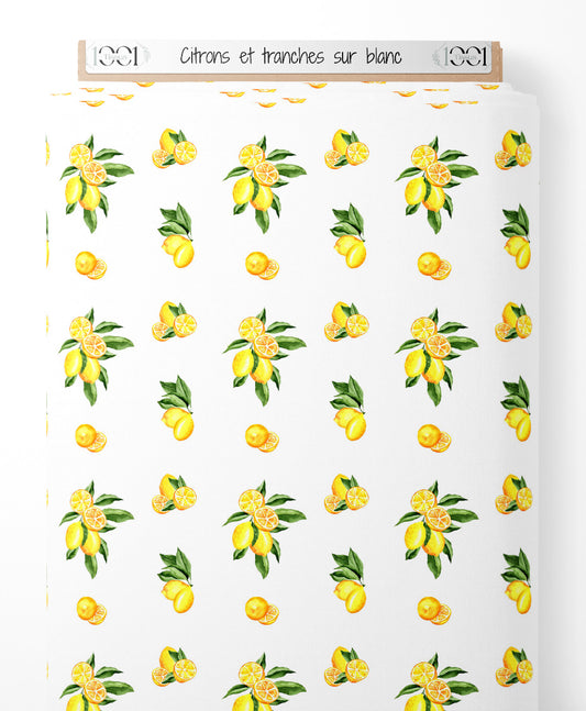 Tissu - Citrons et tranches sur blanc