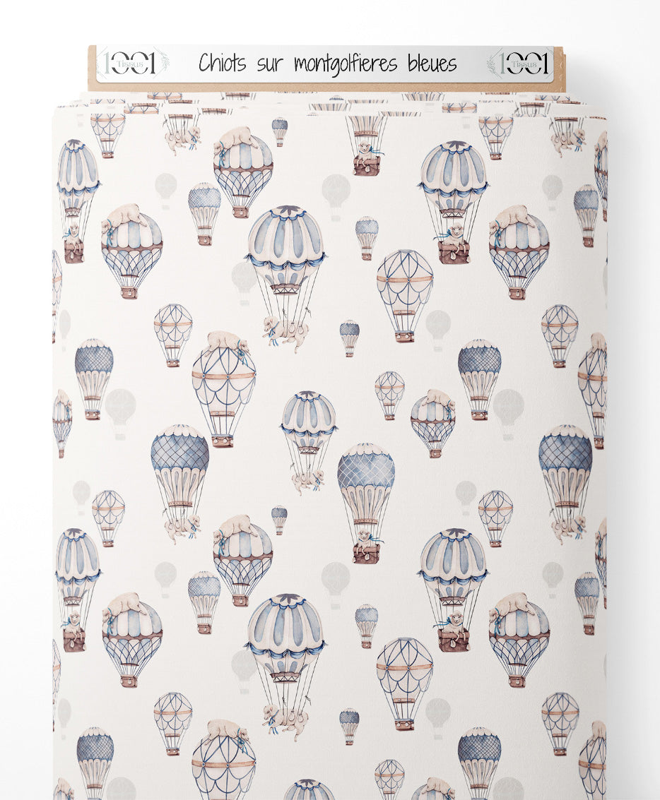 Tissu - Chiots sur montgolfières bleues