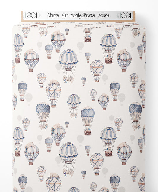 Tissu - Chiots sur montgolfières bleues
