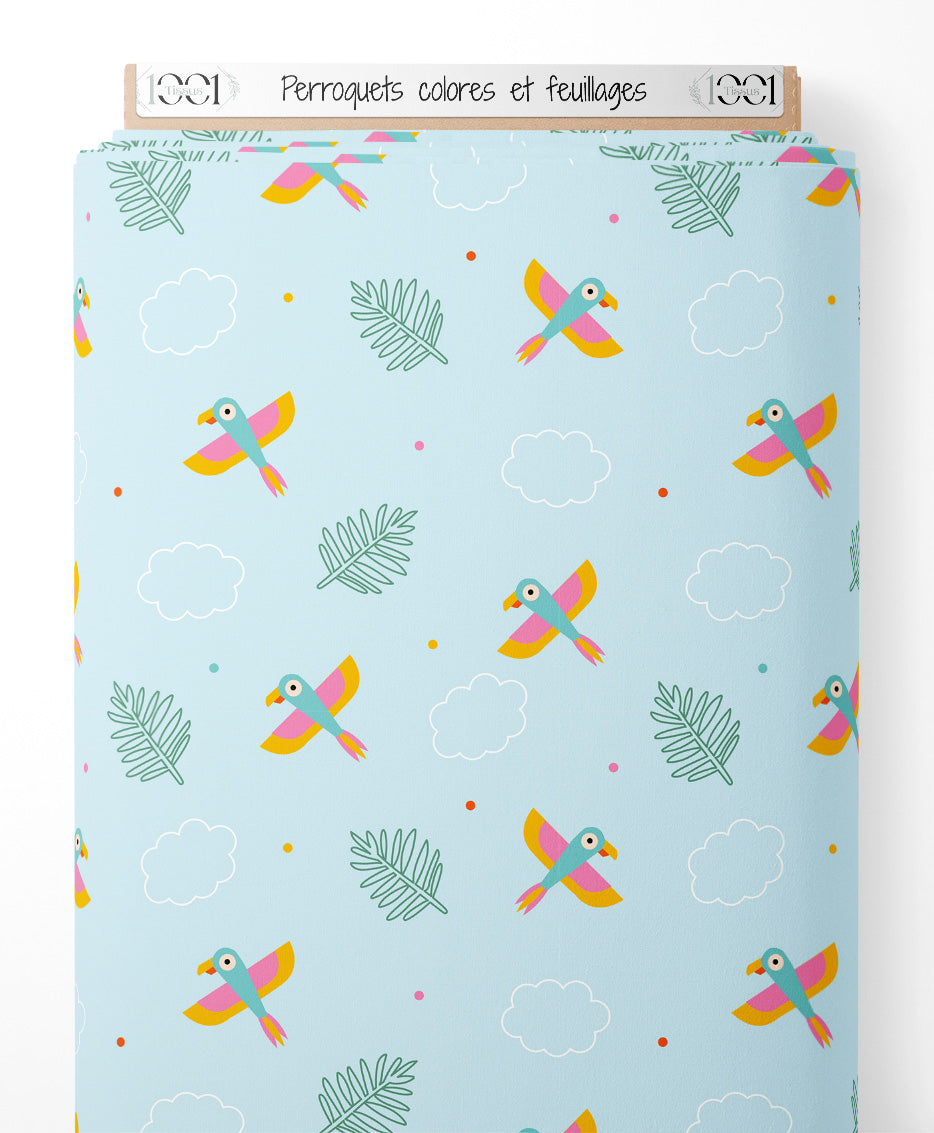 Tissu - Perroquets colorés et feuillages