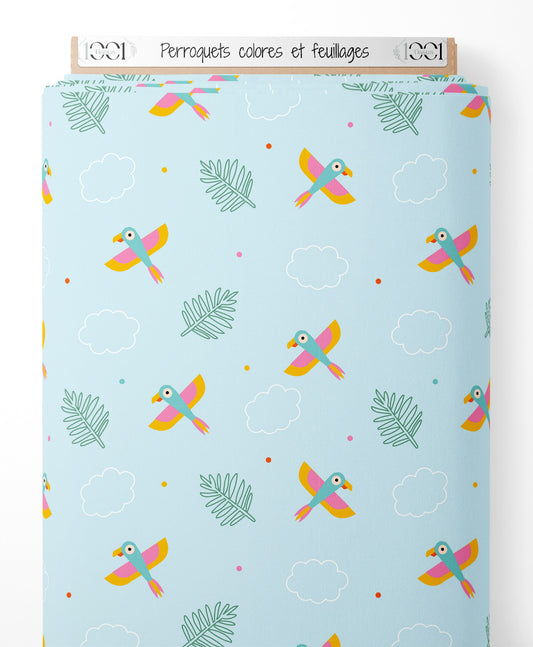 Tissu - Perroquets colorés et feuillages