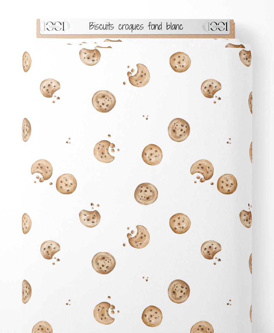 Tissu - Biscuits croqués fond blanc