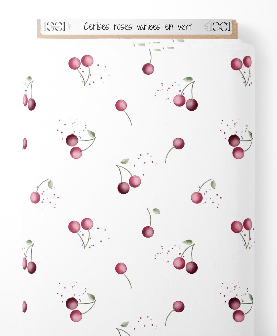 Tissu - Cerises roses variées en vert