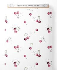 Tissu - Cerises roses variées en vert