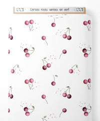 Tissu - Cerises roses variées en vert