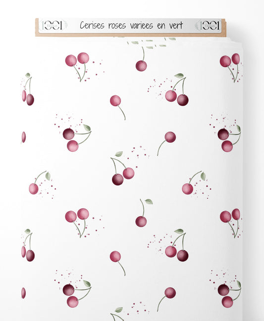 Tissu - Cerises roses variées en vert