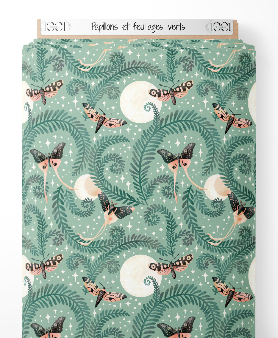 Tissu - Papillons et feuillages verts