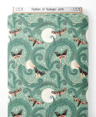 Tissu - Papillons et feuillages verts