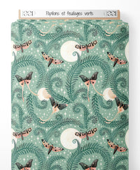 Tissu - Papillons et feuillages verts