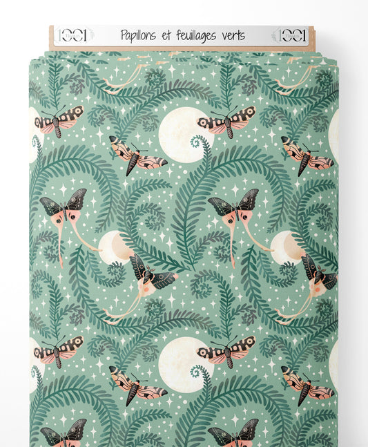 Tissu - Papillons et feuillages verts