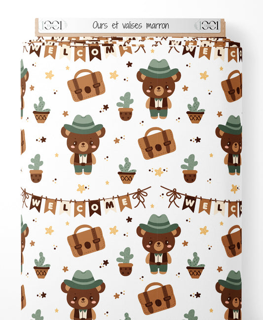 Tissu - Ours et valises marron
