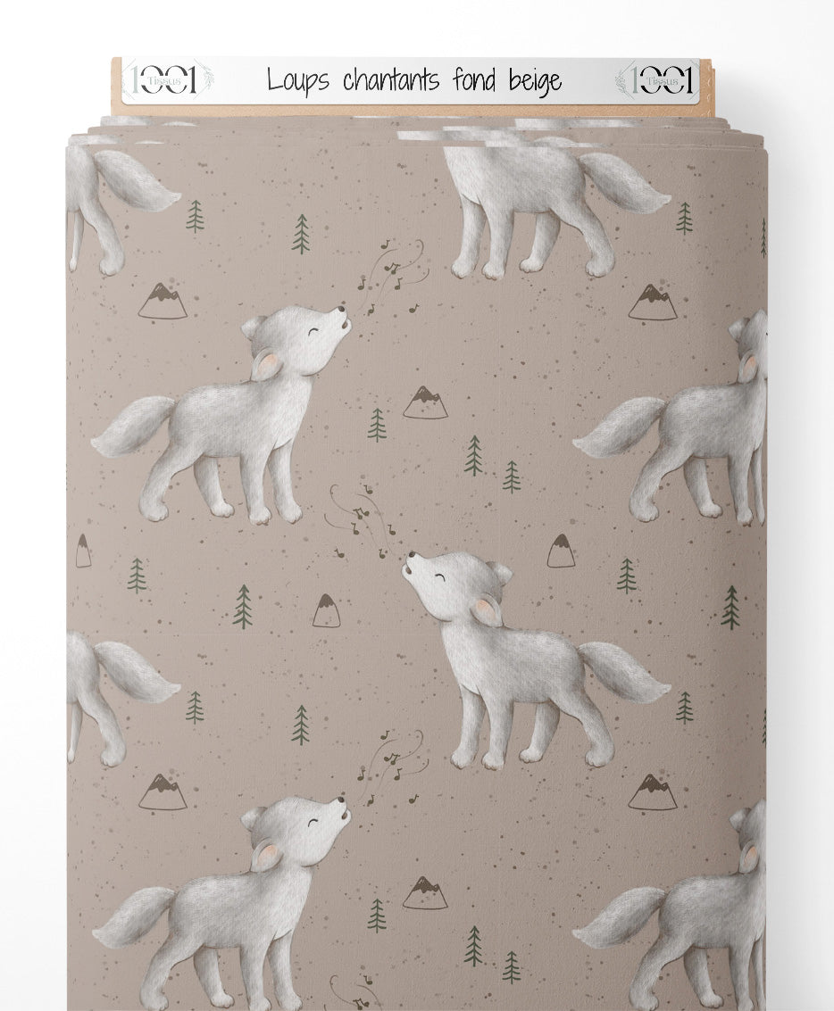 Tissu - Loups chantants sur fond beige