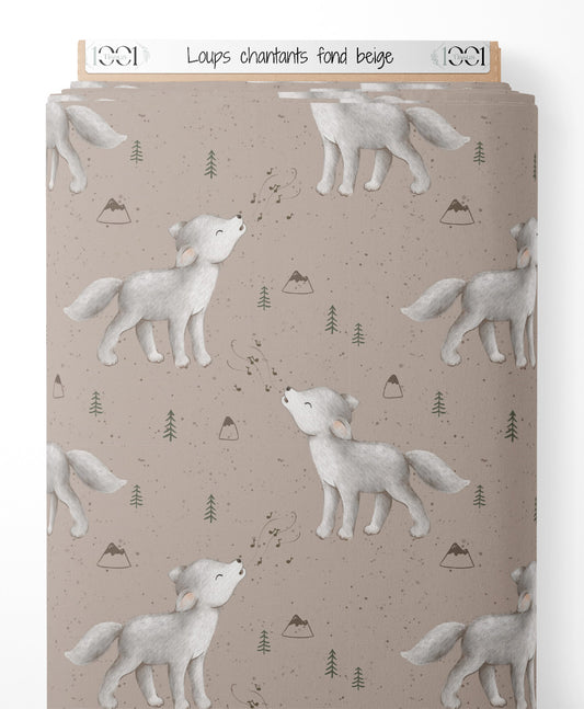 Tissu - Loups chantants sur fond beige