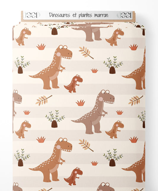 Tissu - Dinosaures et plantes marron