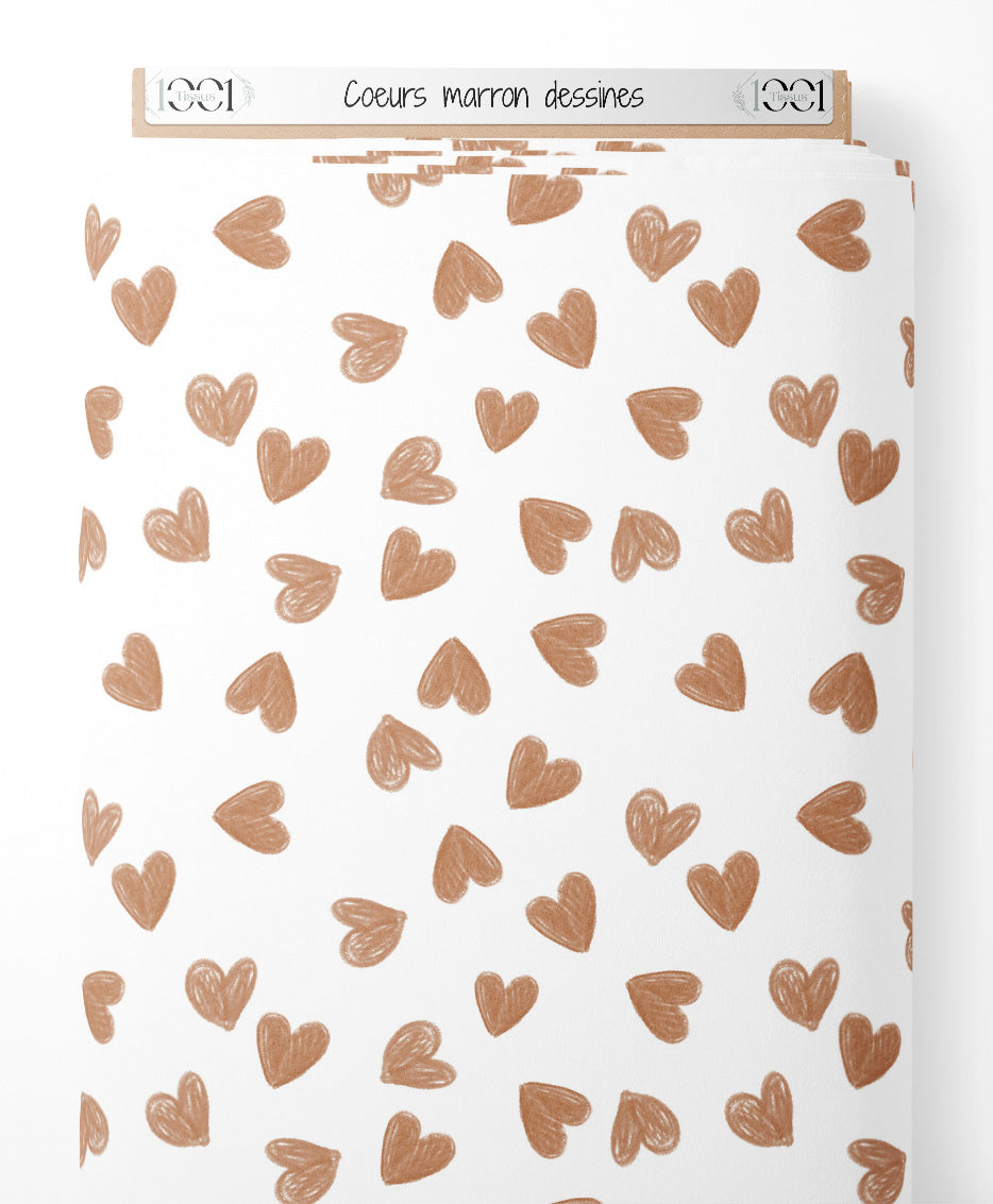 Tissu - Cœurs marron dessinés