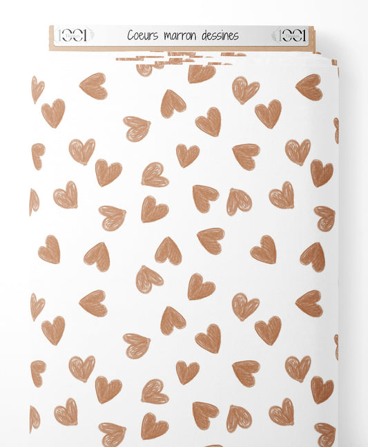 Tissu - Cœurs marron dessinés