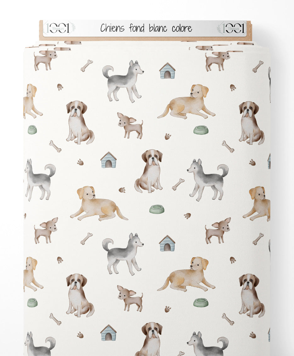Tissu - Chiens sur fond blanc coloré