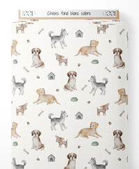 Tissu - Chiens sur fond blanc coloré